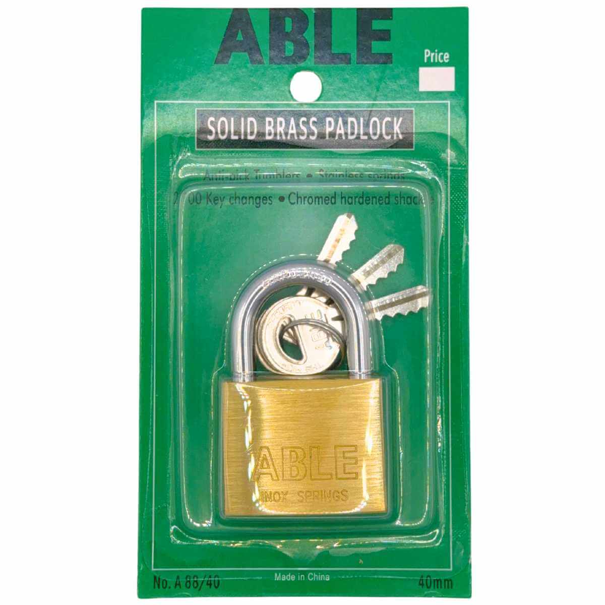 ABLE 40mm Brass Padlock 3 Keys Anti-Pick