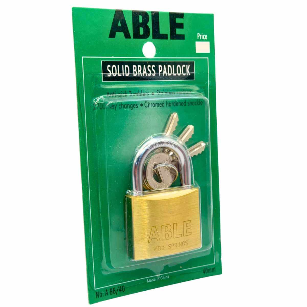 ABLE 40mm Brass Padlock 3 Keys Anti-Pick