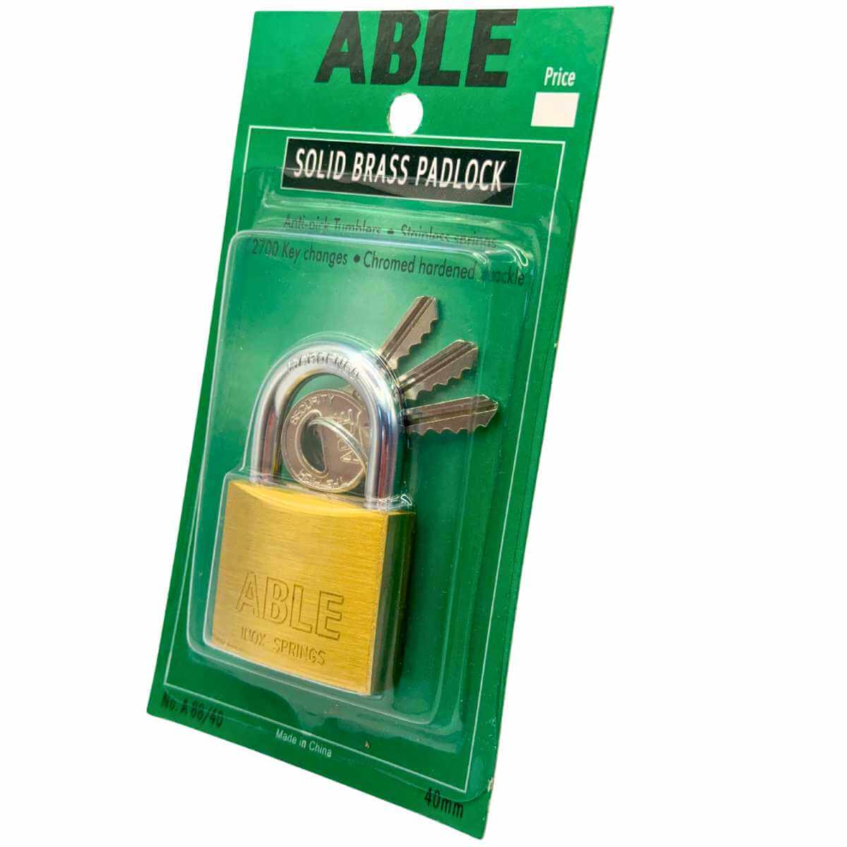 ABLE 40mm Brass Padlock 3 Keys Anti-Pick