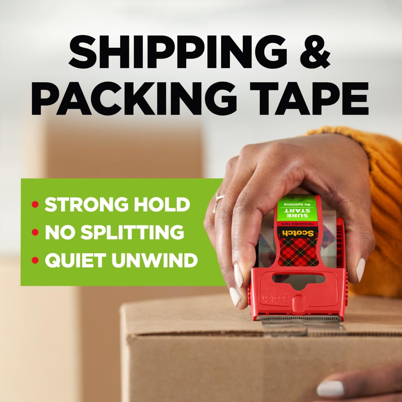 Hand using a red tape dispenser on a cardboard box with text about shipping and packing tape.