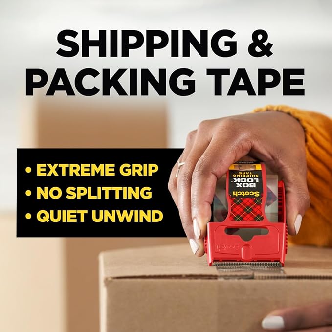 Scotch Box Lock Packing Tape on Dispenser, Extreme Grip Box Tape
