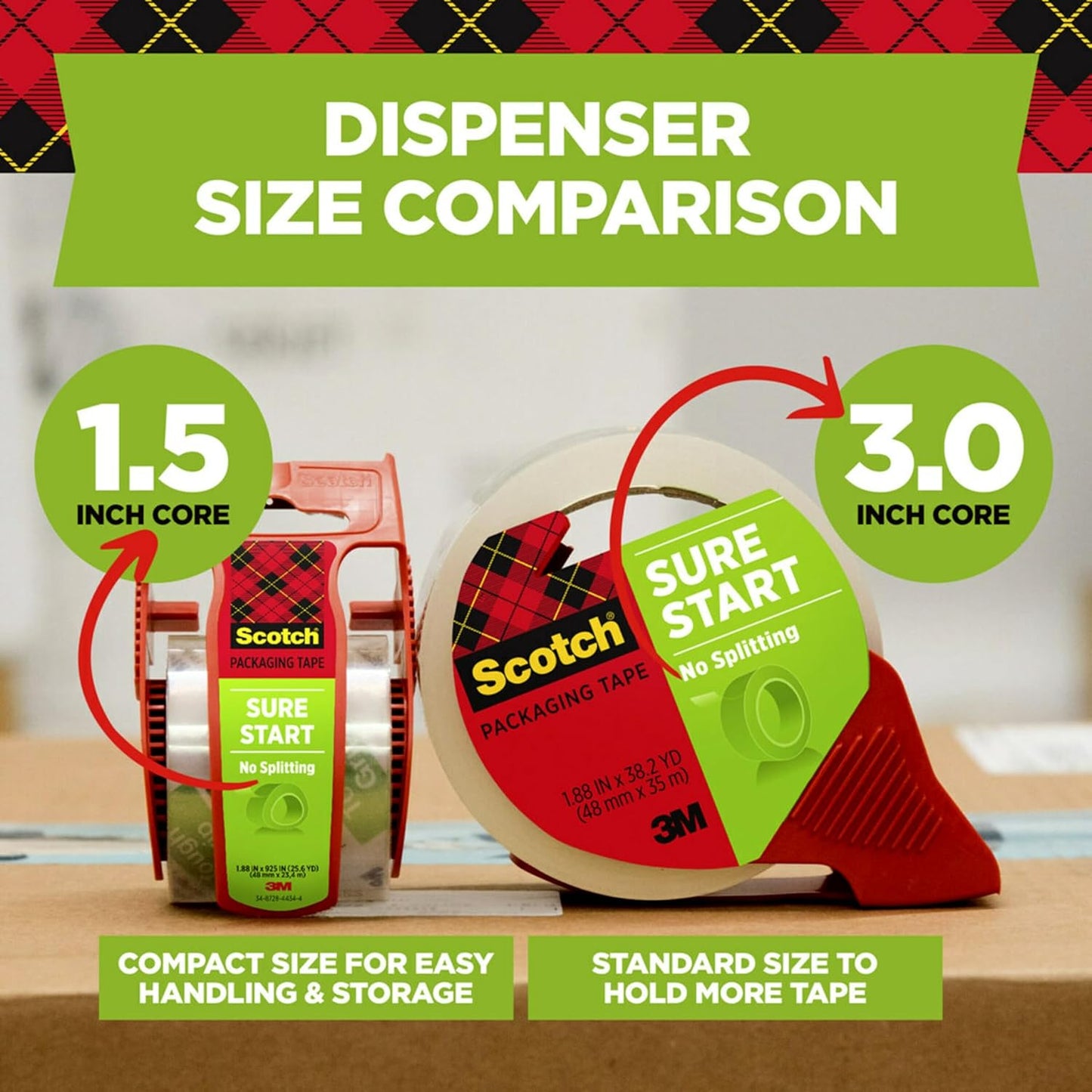 Scotch Sure Start Packing Tape on Dispenser, Quiet Unwind and Easy Start