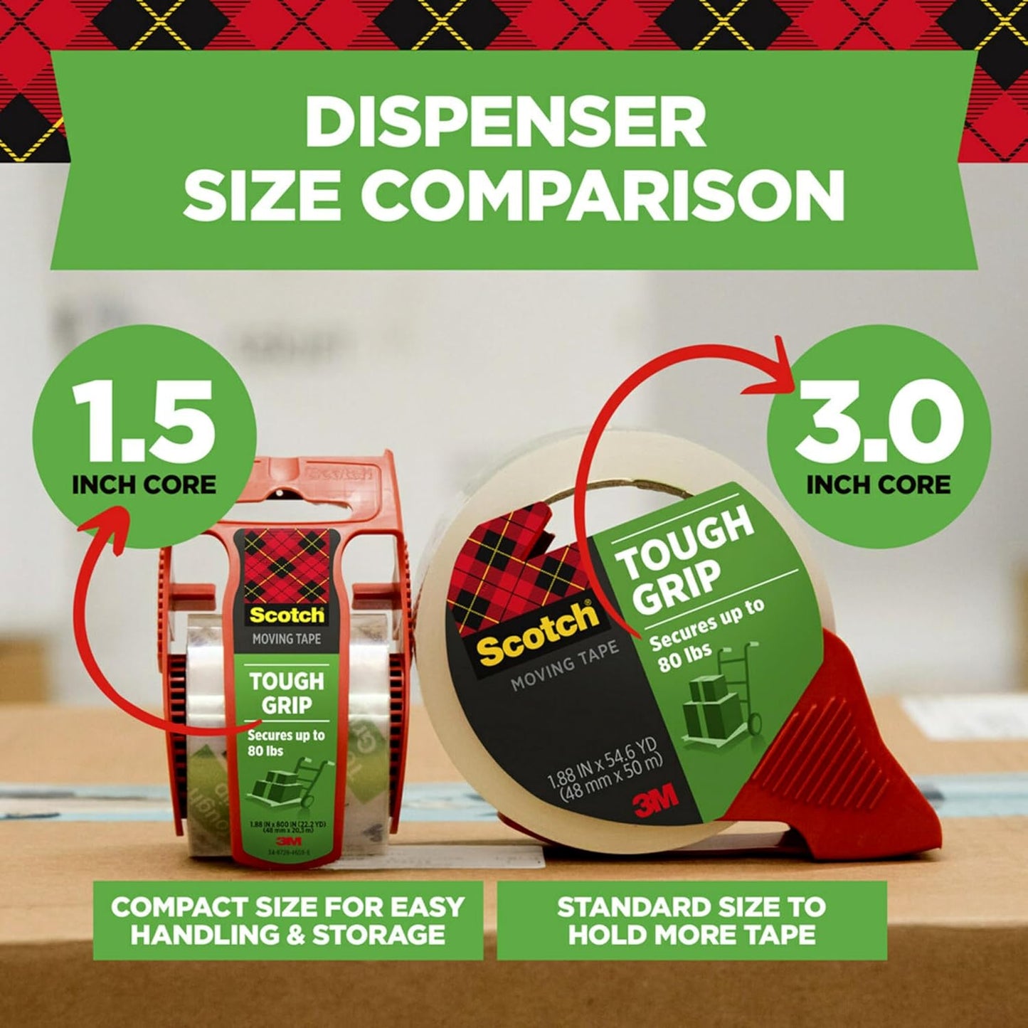 Scotch Tough Grip Moving Packing Tape on Dispenser, Secures Boxes up to 80 Pounds
