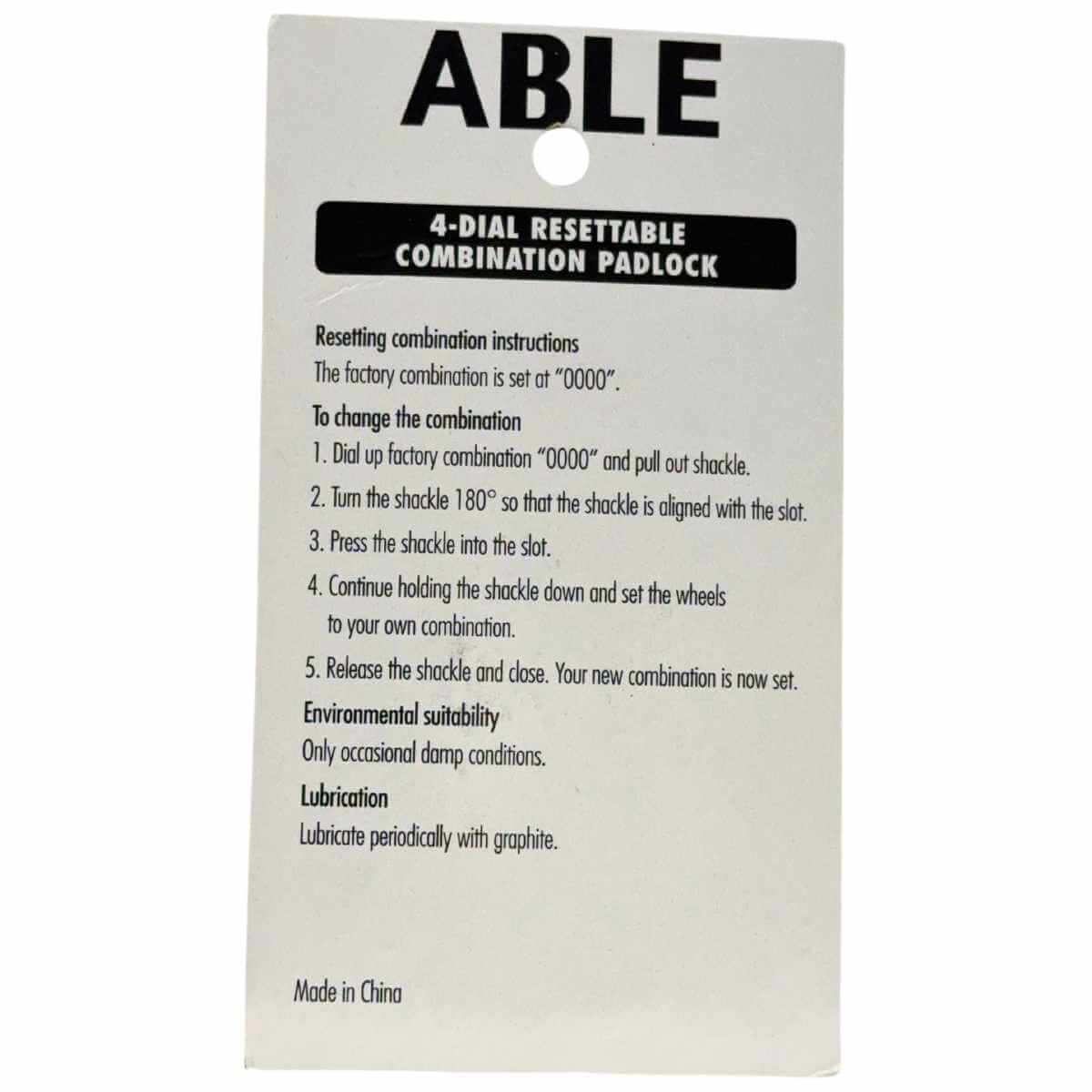 ABLE 40mm Resettable Combination Padlock 4 Digit