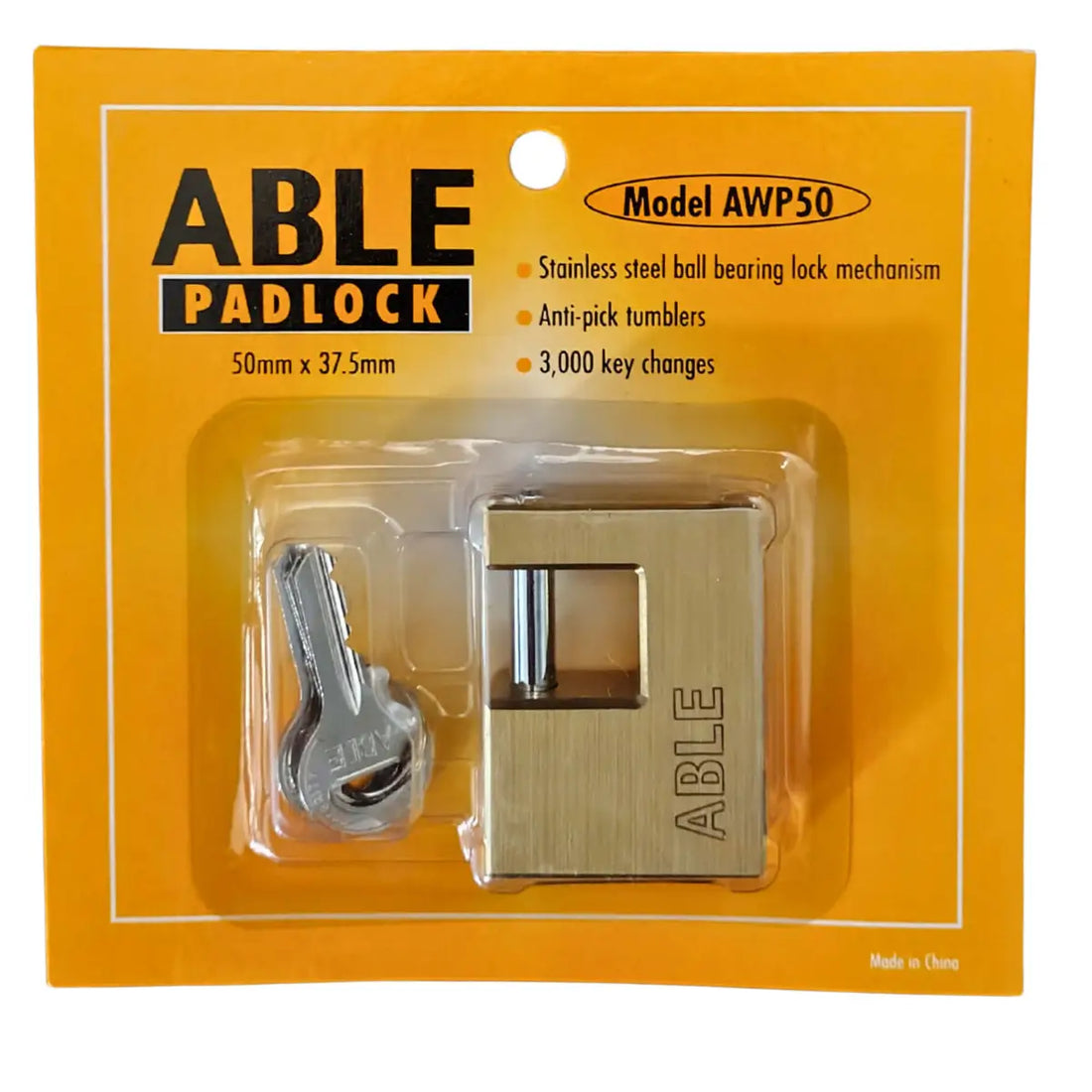 ABLE 50mm Brass Padlock 3 Keys Anti-Pick