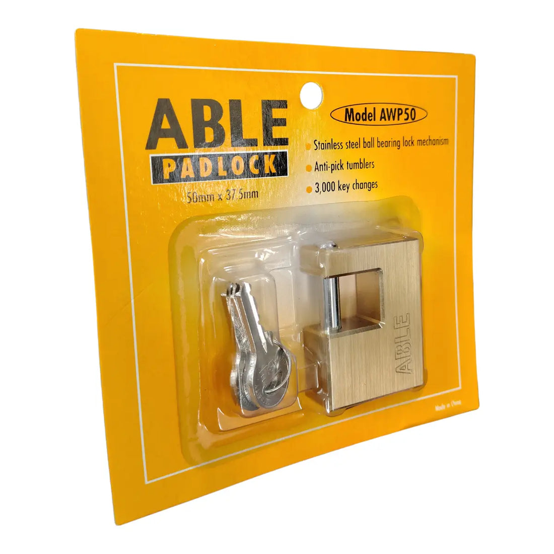 ABLE 50mm Brass Padlock 3 Keys Anti-Pick
