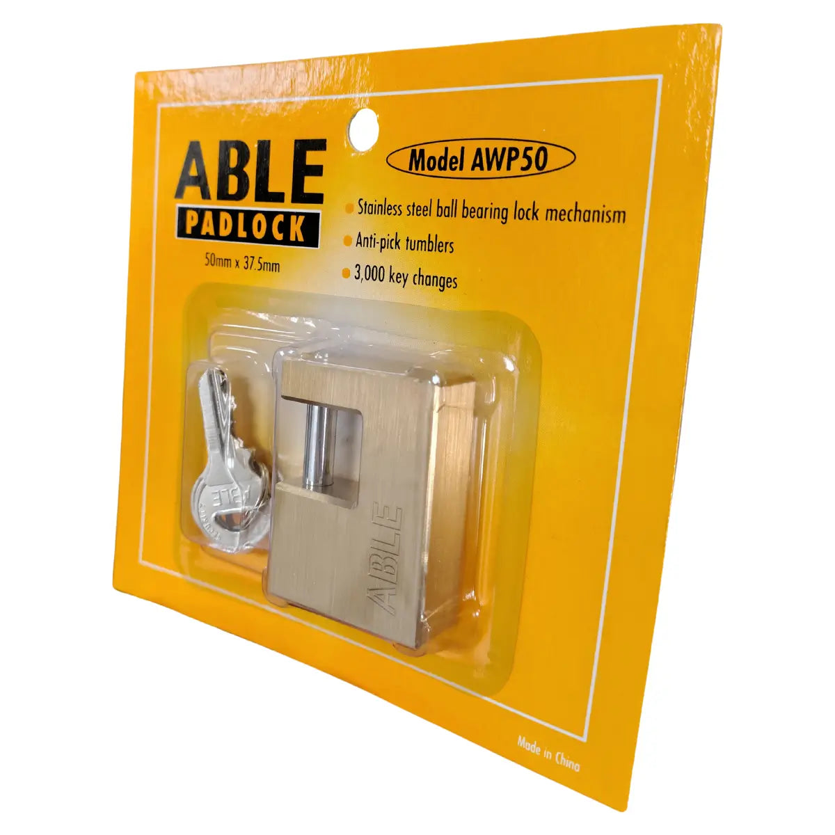 ABLE 50mm Brass Padlock 3 Keys Anti-Pick