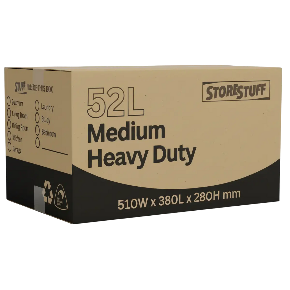 Cardboard box with 'Storestuff' branding and specifications on a white background