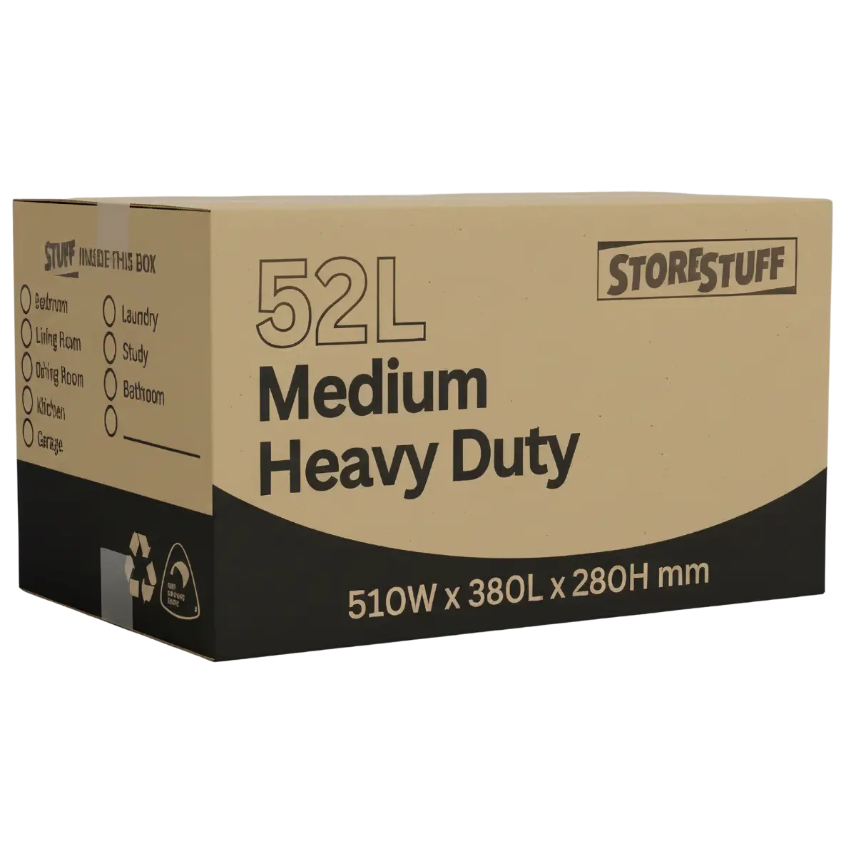 Cardboard box with 'Storestuff' branding and specifications on a white background