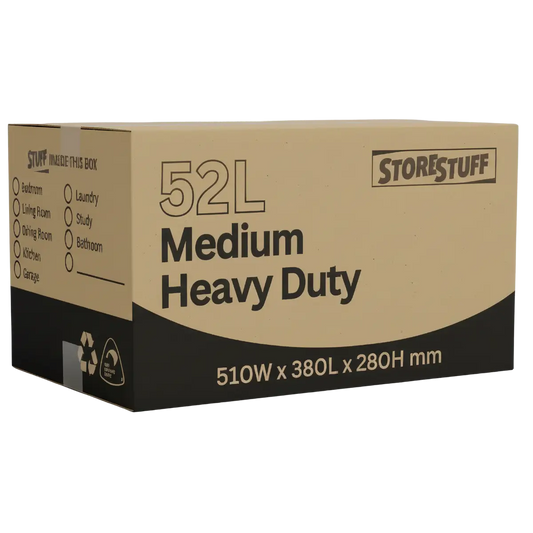 Cardboard box with 'Storestuff' branding and specifications on a white background