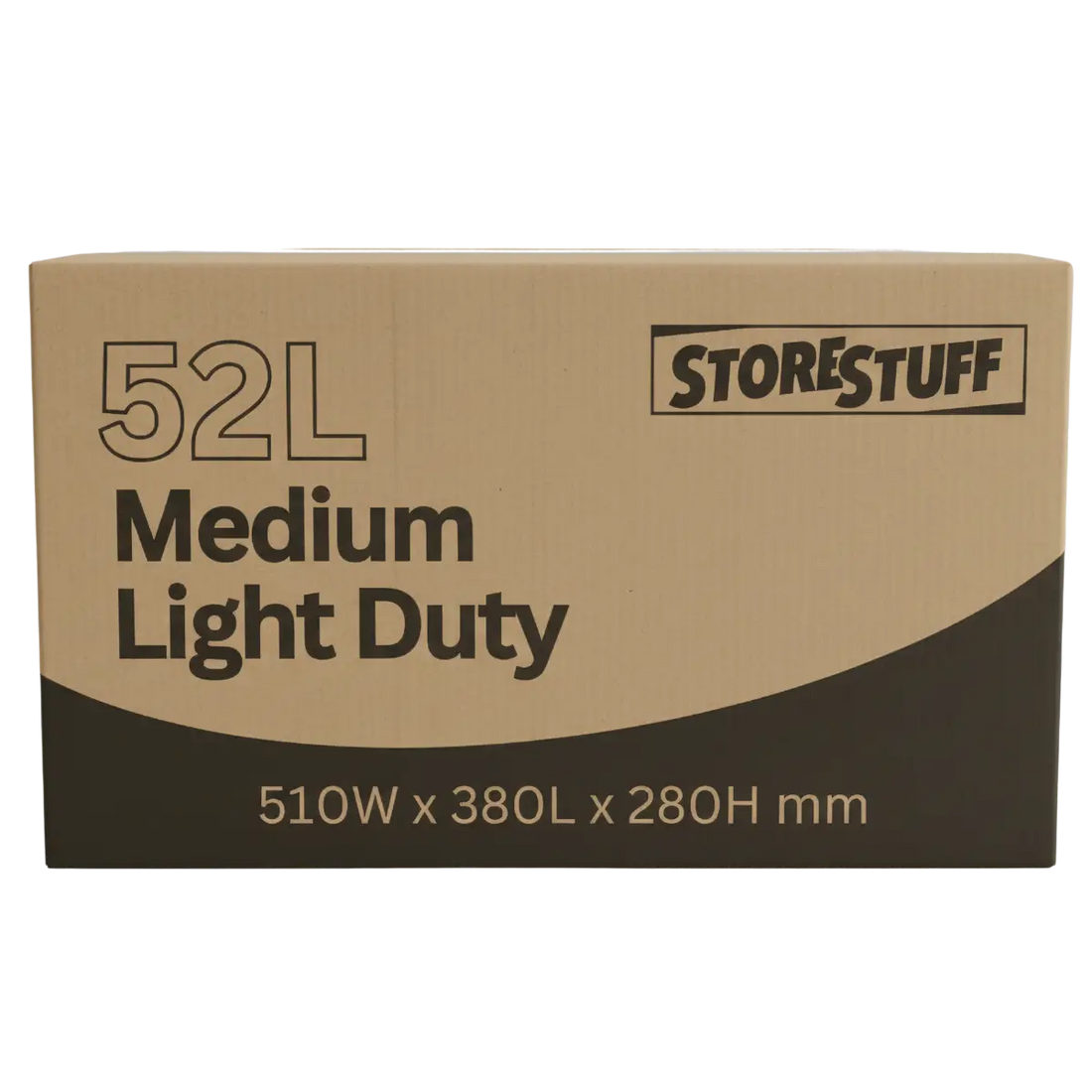 Cardboard box with 'Storestuff' branding and specifications on a white background