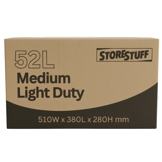 Cardboard box with 'Storestuff' branding and product details on a white background