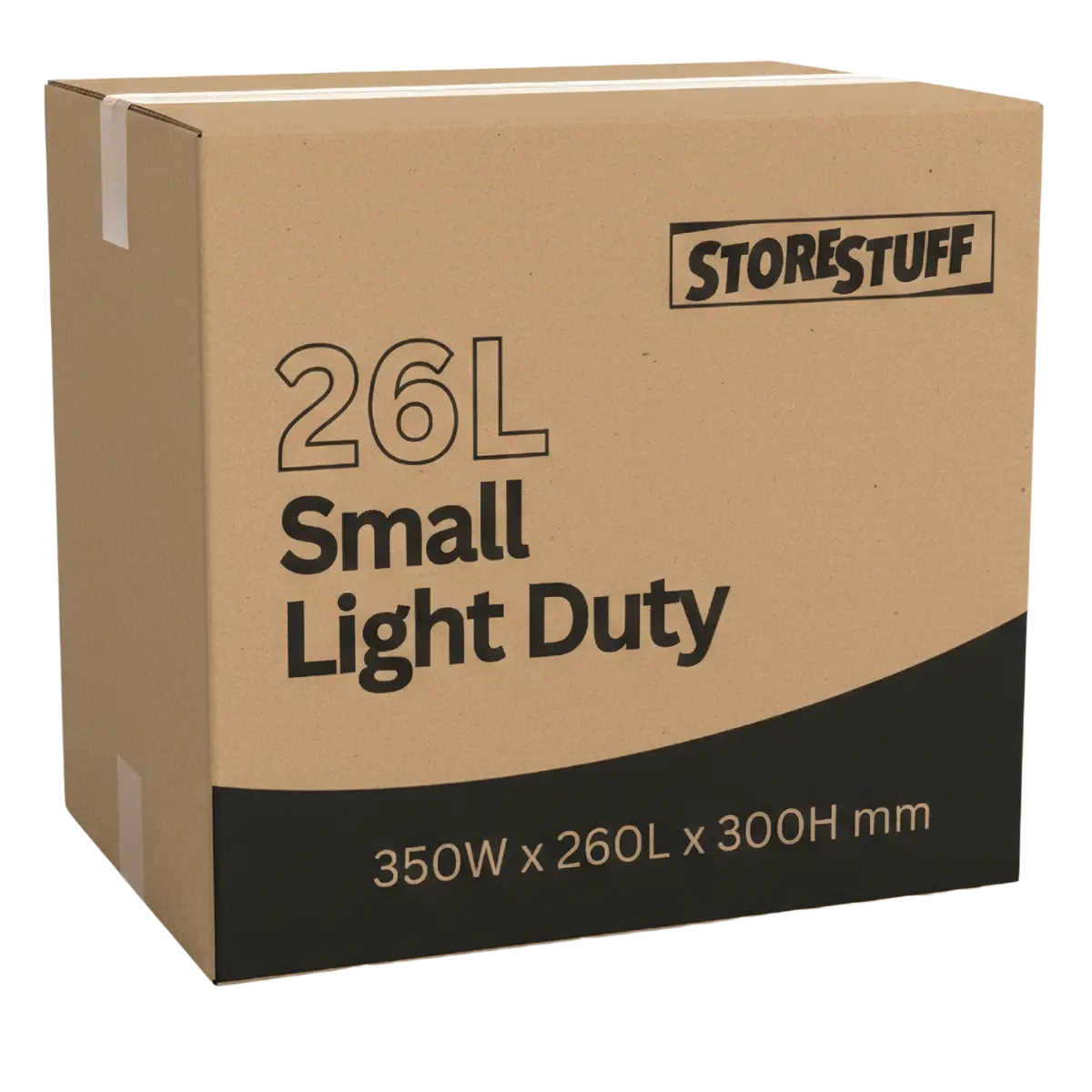 Cardboard box with 'STORESTUFF' branding and specifications on a white background