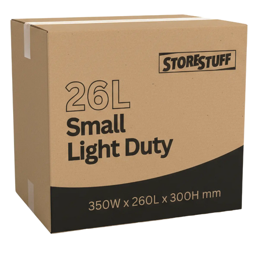 Cardboard box with 'STORESTUFF' branding and specifications on a white background