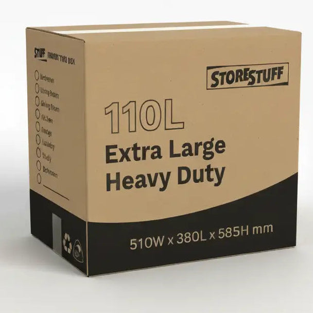 Cardboard box with 'STORESTUFF' branding and specifications on a white background