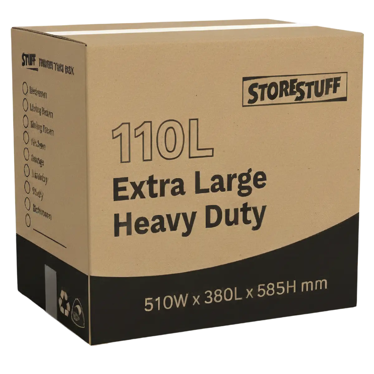 Cardboard box with 'Store Stuff' branding and specifications on a white background