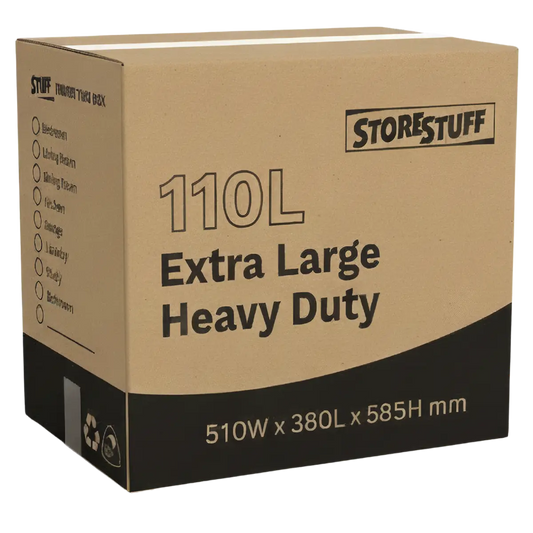 Cardboard box with 'Store Stuff' branding and specifications on a white background