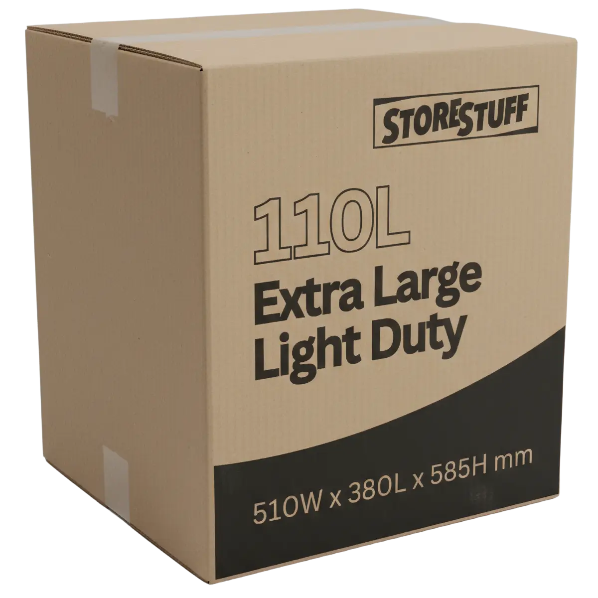 Cardboard box with 'STORESTUFF' branding and dimensions on a white background
