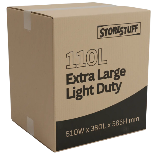 Cardboard box with 'STORESTUFF' branding and dimensions on a white background